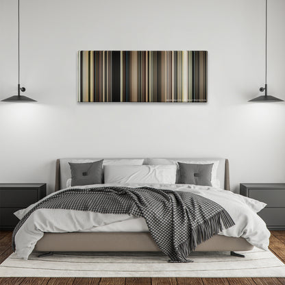 The Master color palette canvas above a bed, between two black pendant lamps
