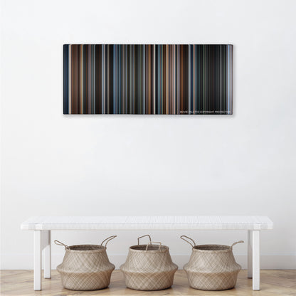 First Man color palette canvas above a white bench with three woven baskets