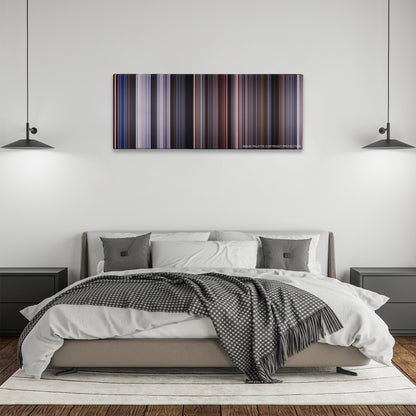 12 Monkeys color palette canvas above a bed, between two black pendant lamps