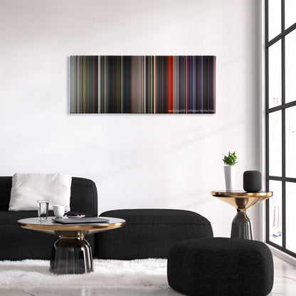 Mortal Engines color palette canvas above a black sofa with a gold-topped table