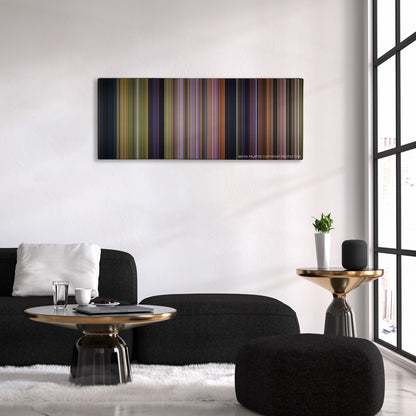 Over the Hedge color palette canvas above a black sofa with a gold-topped table
