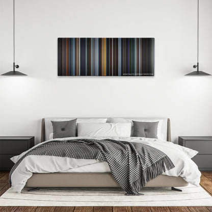 Miami Vice color palette canvas above a bed, between two black pendant lamps