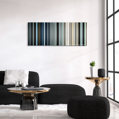 The Way Back color palette canvas above a black sofa with a gold-topped table