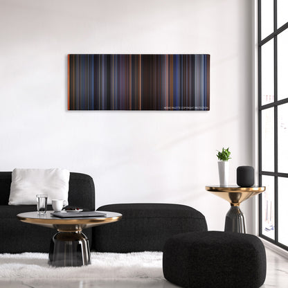 Judge Dredd color palette canvas above a black sofa with a gold-topped table