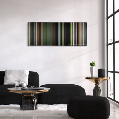 Annihilation color palette canvas above a black sofa with a gold-topped table