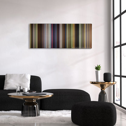Shrek color palette canvas above a black sofa with a gold-topped table