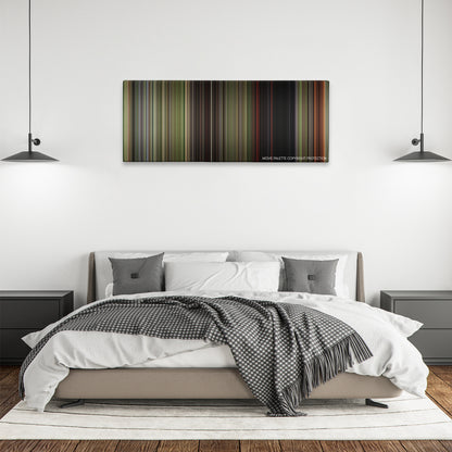 Wrong Turn color palette canvas above a bed, between two black pendant lamps