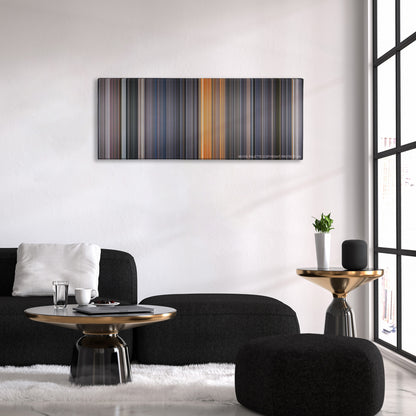 Galaxy Quest color palette canvas above a black sofa with a gold-topped table