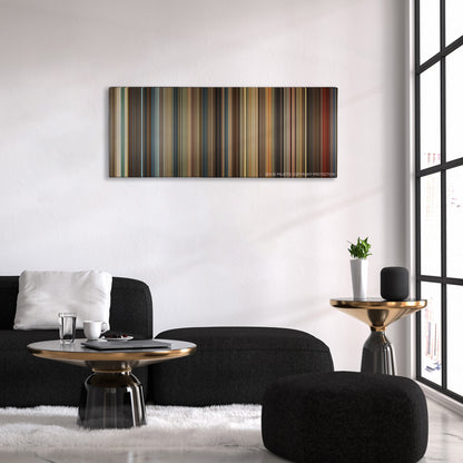 Inferno color palette canvas above a black sofa with a gold-topped table
