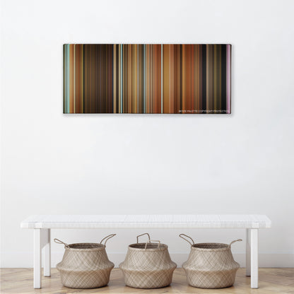 Zack and Miri Make a Porno color palette canvas above a white bench with three woven baskets