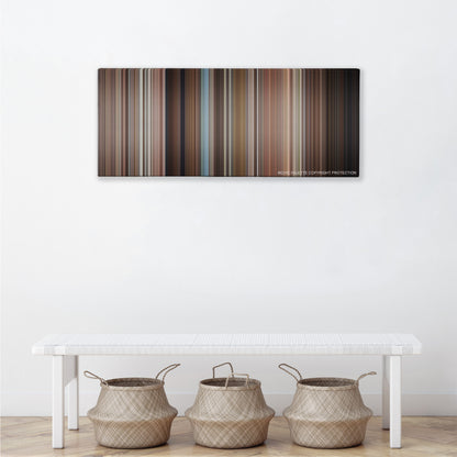The Birds color palette canvas above a white bench with three woven baskets