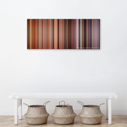 Falling Down color palette canvas above a white bench with three woven baskets