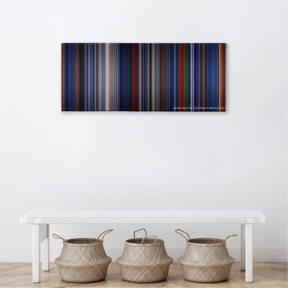 Freddy vs. Jason color palette canvas above a white bench with three woven baskets