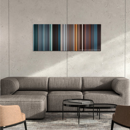 Mission: Impossible - Ghost Protocol color palette canvas on a concrete wall above a gray sectional sofa