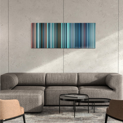 Star Trek Into Darkness color palette canvas on a concrete wall above a gray sectional sofa