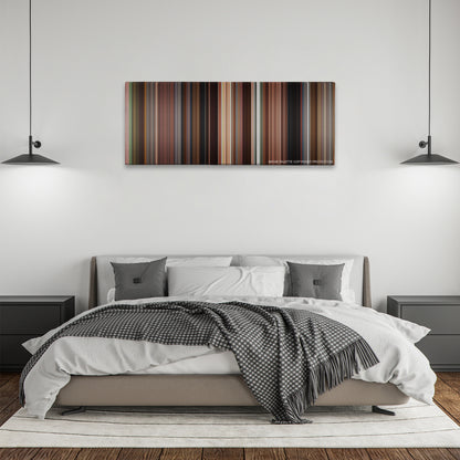 Once color palette canvas above a bed, between two black pendant lamps