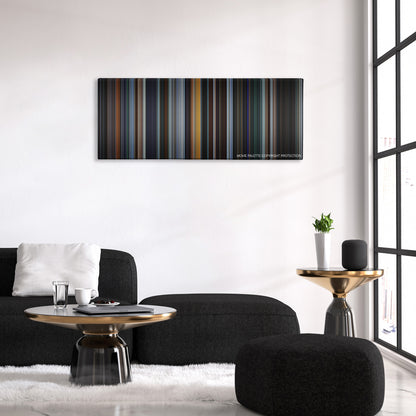 Miami Vice color palette canvas above a black sofa with a gold-topped table