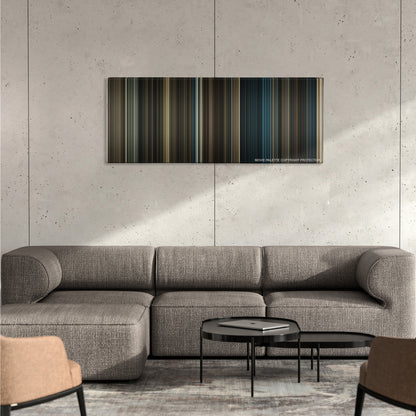 Sherlock Holmes: A Game of Shadows color palette canvas on a concrete wall above a gray sectional sofa