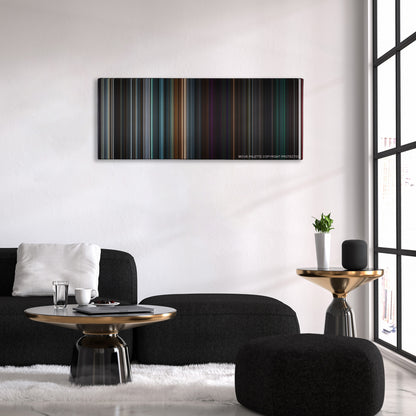 Upgrade color palette canvas above a black sofa with a gold-topped table