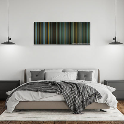 The Girl with the Dragon Tattoo color palette canvas above a bed, between two black pendant lamps