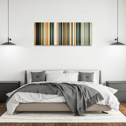 Allegiant color palette canvas above a bed, between two black pendant lamps
