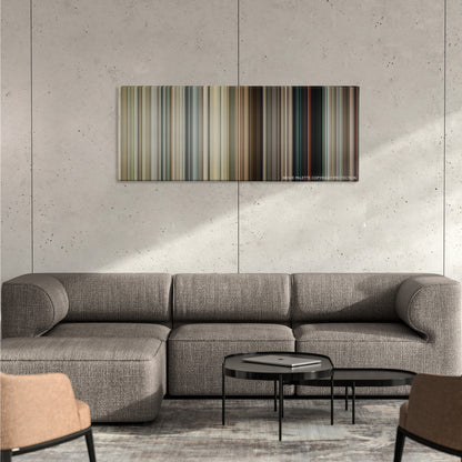 The Hurt Locker color palette canvas on a concrete wall above a gray sectional sofa