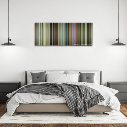 Trance color palette canvas above a bed, between two black pendant lamps