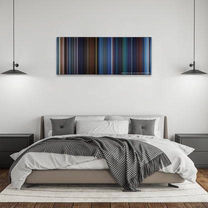Atlantis: The Lost Empire color palette canvas above a bed, between two black pendant lamps