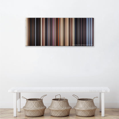 Close Encounters of the Third Kind color palette canvas above a white bench with three woven baskets