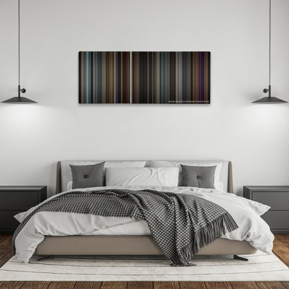 Doctor Strange color palette canvas above a bed, between two black pendant lamps