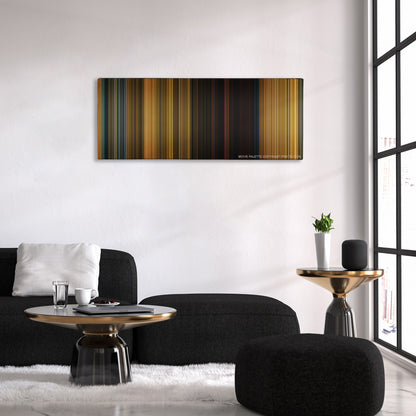 Extraction color palette canvas above a black sofa with a gold-topped table