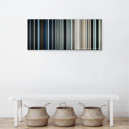The Way Back color palette canvas above a white bench with three woven baskets