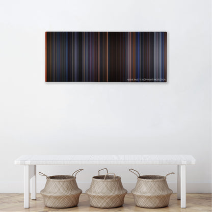 Judge Dredd color palette canvas above a white bench with three woven baskets