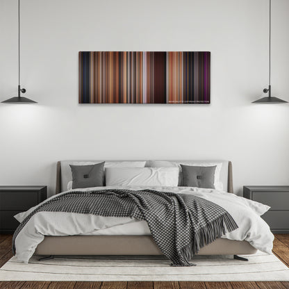 Step Up color palette canvas above a bed, between two black pendant lamps