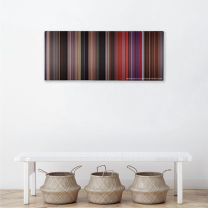 Carrie color palette canvas above a white bench with three woven baskets