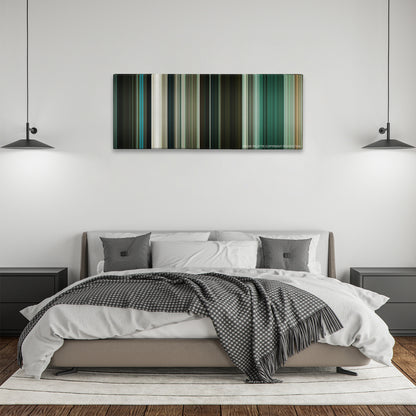 Pirates of the Caribbean: At World's End color palette canvas above a bed, between two black pendant lamps
