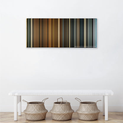 Melancholia color palette canvas above a white bench with three woven baskets
