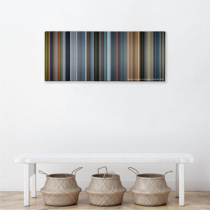 Fast & Furious Presents: Hobbs & Shaw color palette canvas above a white bench with three woven baskets