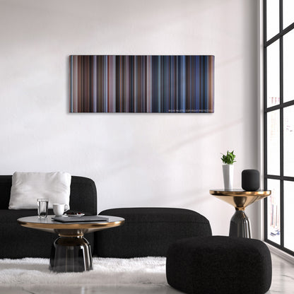 The Perfect Storm color palette canvas above a black sofa with a gold-topped table