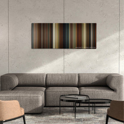 Seeking a Friend for the End of the World color palette canvas on a concrete wall above a gray sectional sofa