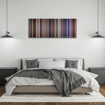Contact color palette canvas above a bed, between two black pendant lamps