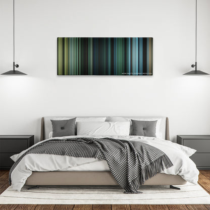 Triple Frontier color palette canvas above a bed, between two black pendant lamps