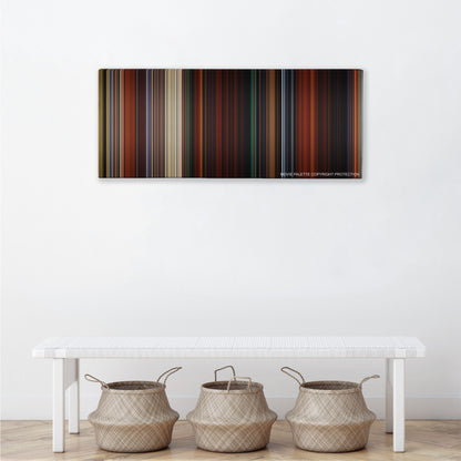 Brave color palette canvas above a white bench with three woven baskets