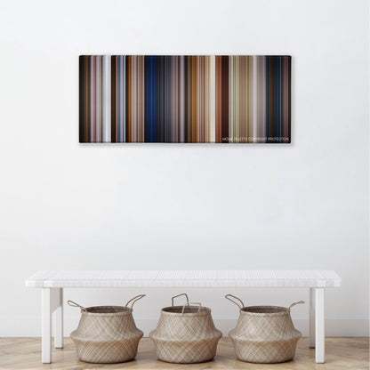 Men in Black: International color palette canvas above a white bench with three woven baskets