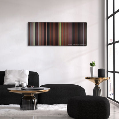 The Man in the Iron Mask color palette canvas above a black sofa with a gold-topped table