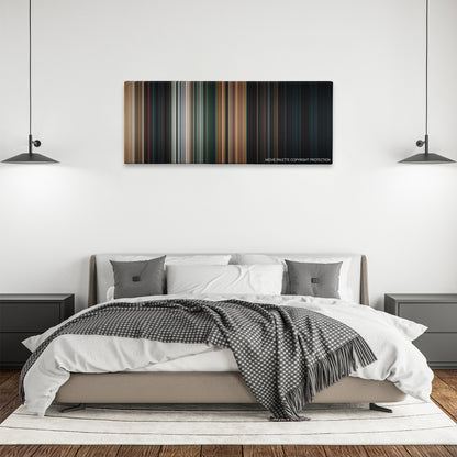 Halloween color palette canvas above a bed, between two black pendant lamps