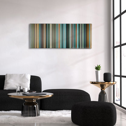 Layer Cake color palette canvas above a black sofa with a gold-topped table