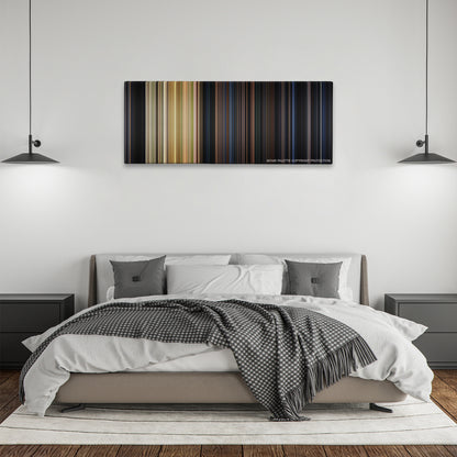 Halloween color palette canvas above a bed, between two black pendant lamps