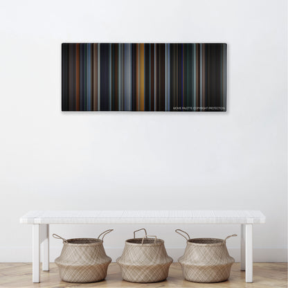 Miami Vice color palette canvas above a white bench with three woven baskets