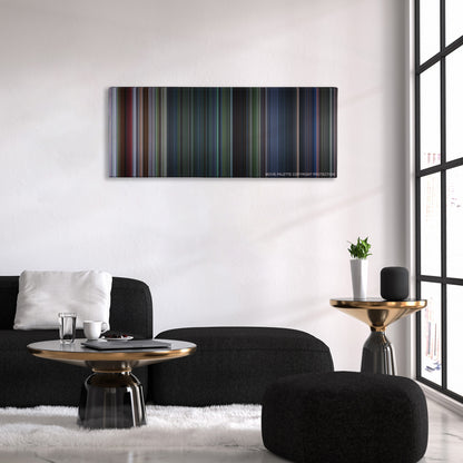 Jurassic Park III color palette canvas above a black sofa with a gold-topped table